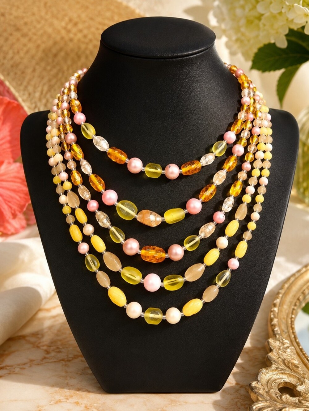 Multicolor Strand Beaded Acrylic And Glass Japan Necklace